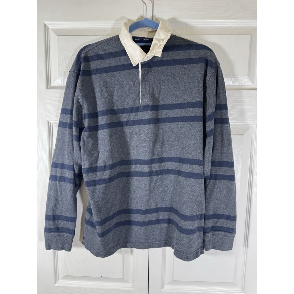Grant Thomas Mens Long Sleeve Rugby Shirt Gray Navy Blue Striped Cotton Medium